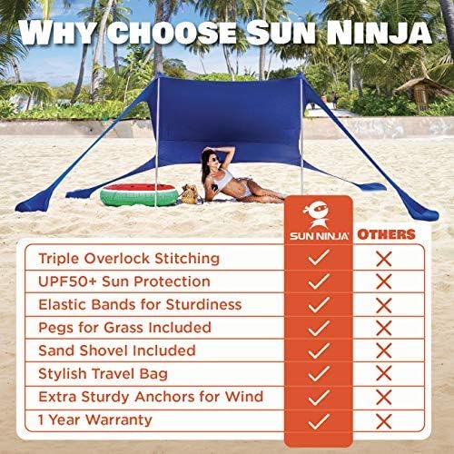 SUN NINJA Beach Tent Sun Shelter with UPF50+ Protection, Includes Sand Shovel, Ground Pegs and Stability Poles, Outdoor Pop Up Beach Shade Canopy for Camping, Fishing, Backyard Fun or Picnics