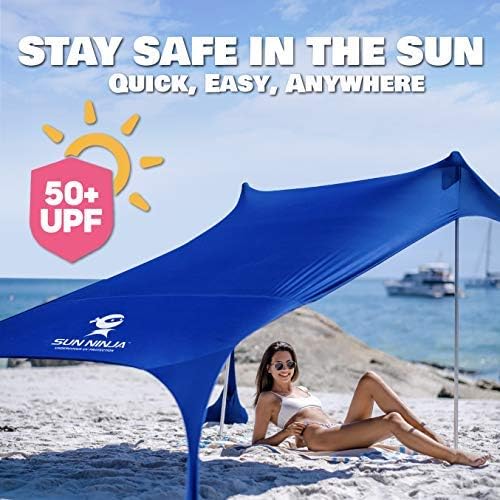 SUN NINJA Beach Tent Sun Shelter with UPF50+ Protection, Includes Sand Shovel, Ground Pegs and Stability Poles, Outdoor Pop Up Beach Shade Canopy for Camping, Fishing, Backyard Fun or Picnics