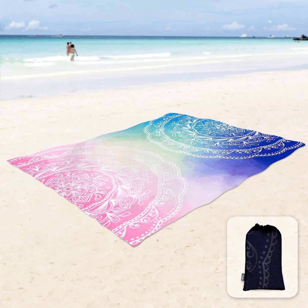 Sunlit Silky Soft 85x72 Boho Sand Proof Beach Blanket Sand Proof Mat with Corner Pockets and Mesh Bag for Beach Party, Travel, Camping and Outdoor Music Festival,Blue and Pink Mandala