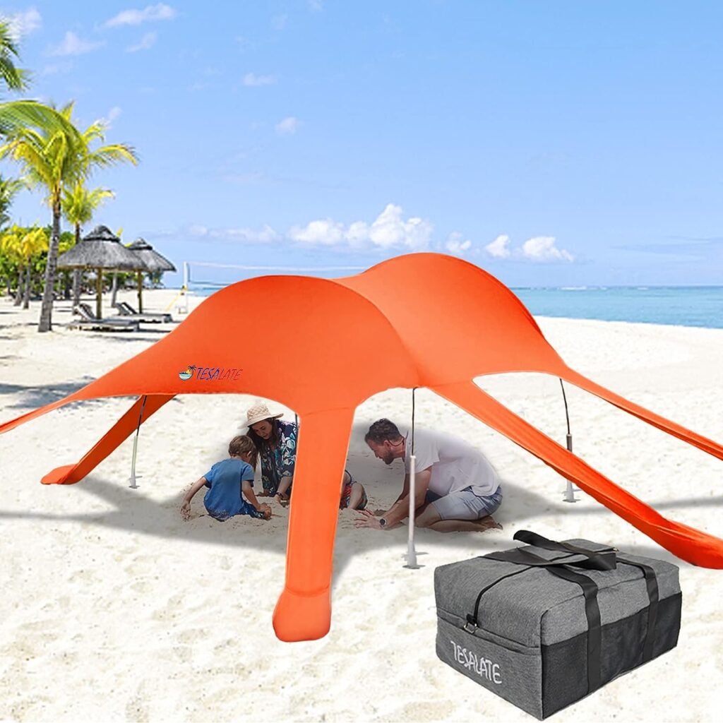 TESALATE Adjustable Thicken 4 Aluminum Poles 6 Anchors Portable Beach Tent Sun Shade Sail Shelter Pop Up Canopy Windproof UV Protection Tents Toldo Carpas para Playa Tarp 10x10 FT Orange