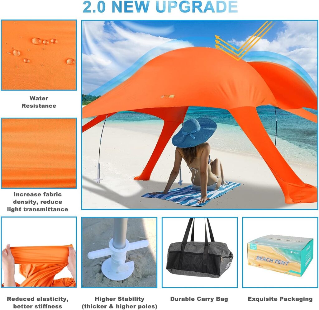 TESALATE Adjustable Thicken 4 Aluminum Poles 6 Anchors Portable Beach Tent Sun Shade Sail Shelter Pop Up Canopy Windproof UV Protection Tents Toldo Carpas para Playa Tarp 10x10 FT Orange