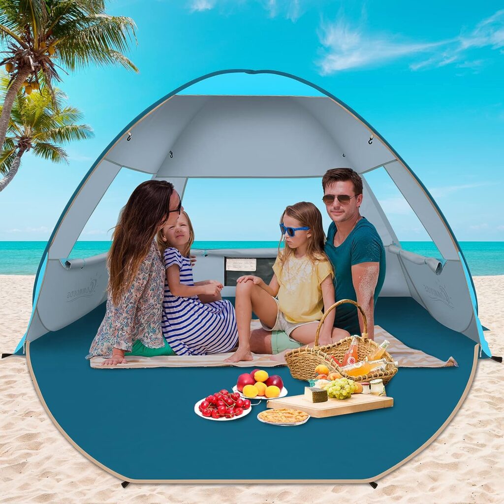 COMMOUDS Large Pop Up Beach Tent for 3-4 Person, UPF 50+ Beach Sun Shade, Automatic Beach Sun Shelter Umbrella with Carry Bag, Lightweight and Easy Set Up