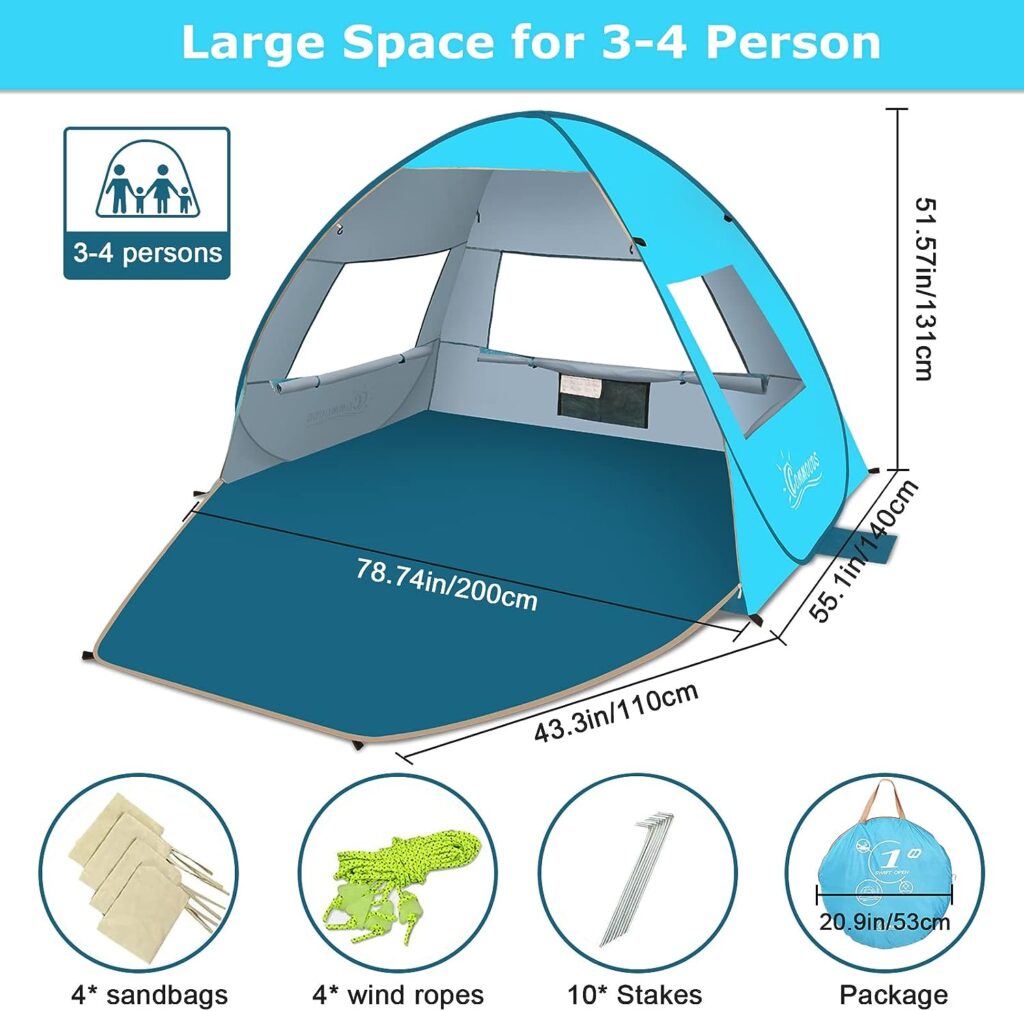 COMMOUDS Large Pop Up Beach Tent for 3-4 Person, UPF 50+ Beach Sun Shade, Automatic Beach Sun Shelter Umbrella with Carry Bag, Lightweight and Easy Set Up