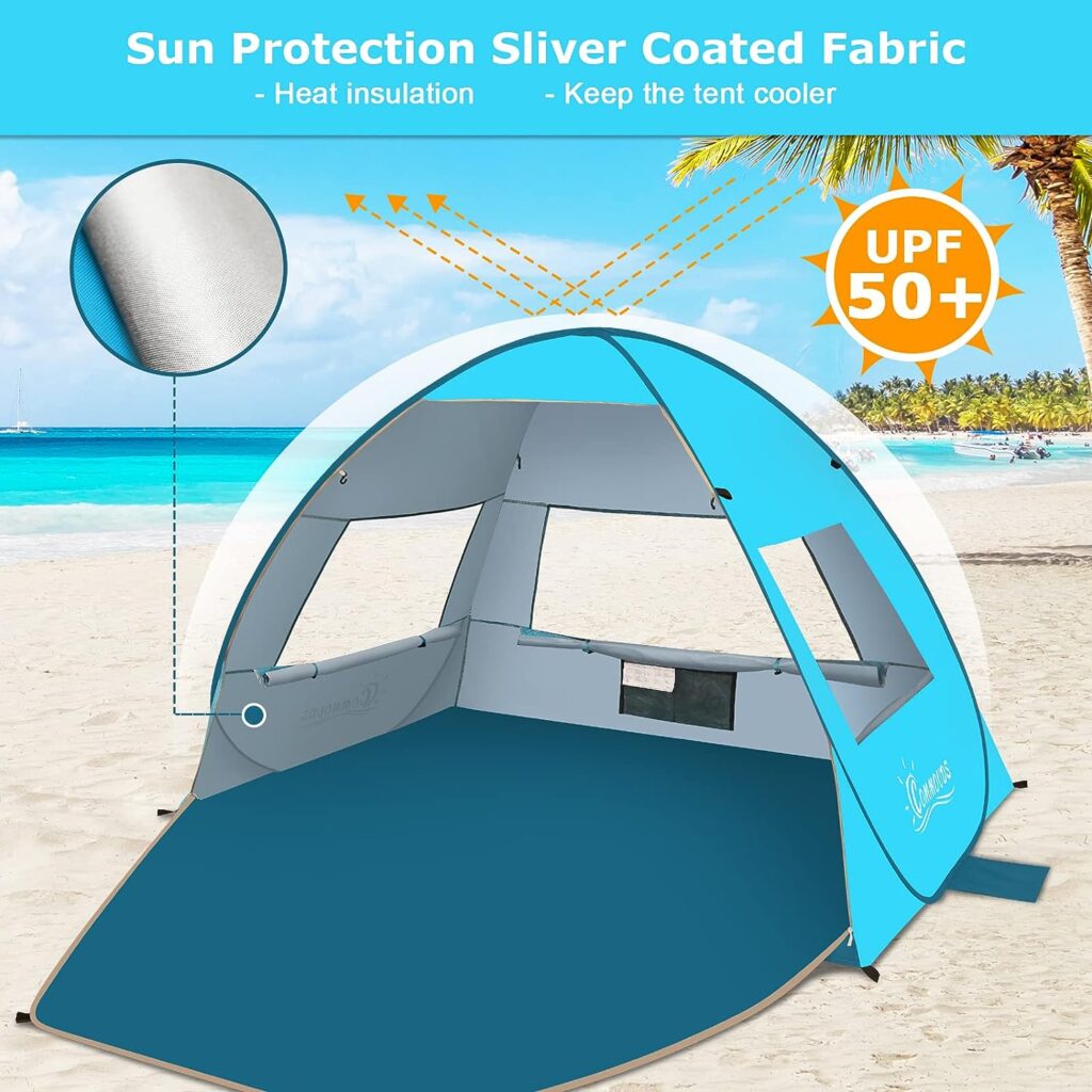 COMMOUDS Large Pop Up Beach Tent for 3-4 Person, UPF 50+ Beach Sun Shade, Automatic Beach Sun Shelter Umbrella with Carry Bag, Lightweight and Easy Set Up