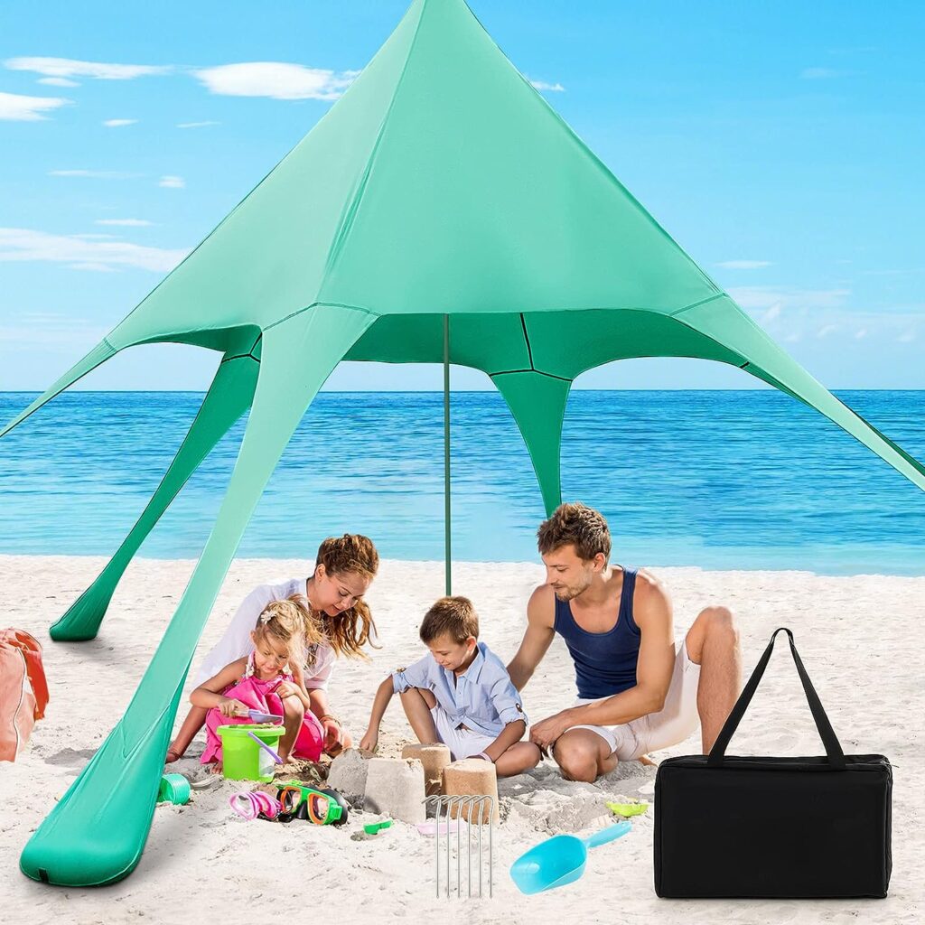 Goplus Beach Canopy, 20 x 20 FT Beach Shade with UPF50+ Sun Protection, Carrying Bag, Sand Shovel, Aluminum Pole, 6 Ground Stake, Portable Sun Shelter, Outdoor Beach Tent for Backyard Camping Picnic