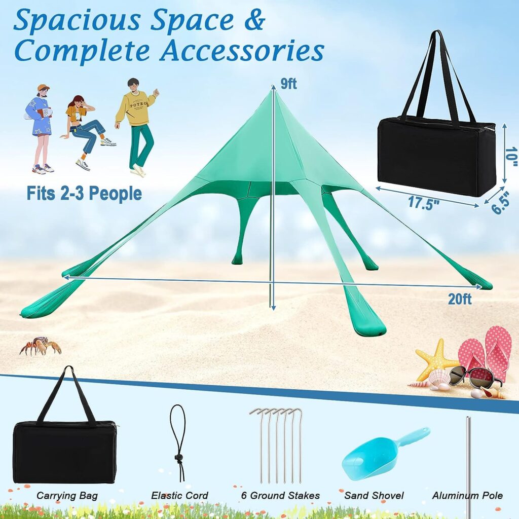 Goplus Beach Canopy, 20 x 20 FT Beach Shade with UPF50+ Sun Protection, Carrying Bag, Sand Shovel, Aluminum Pole, 6 Ground Stake, Portable Sun Shelter, Outdoor Beach Tent for Backyard Camping Picnic