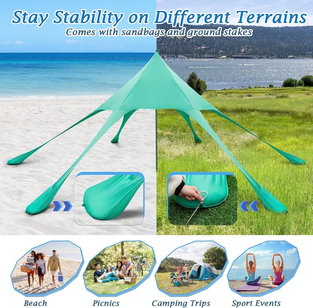 Goplus Beach Canopy, 20 x 20 FT Beach Shade with UPF50+ Sun Protection, Carrying Bag, Sand Shovel, Aluminum Pole, 6 Ground Stake, Portable Sun Shelter, Outdoor Beach Tent for Backyard Camping Picnic