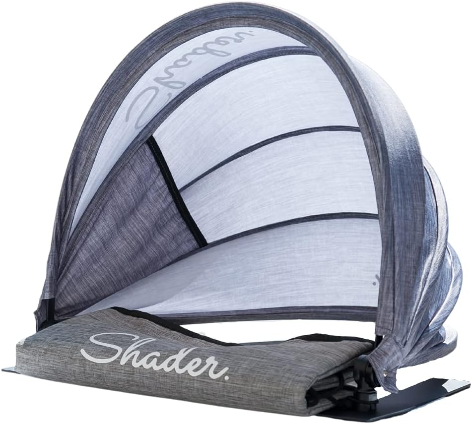 Shader Personal Beach Sun Shade Bundle - Mini Pop Up Shelter Umbrella Canopy - Portable and Adjustable - SPF 45+, UV Reflective - Includes a Carry Bag/Pillow, Sand Free Towel, and Tote Bag