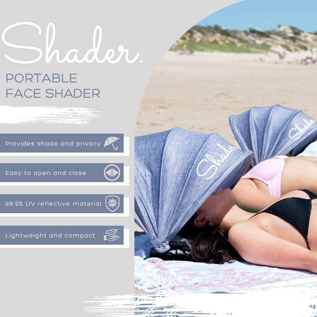 Shader Personal Beach Sun Shade Bundle - Mini Pop Up Shelter Umbrella Canopy - Portable and Adjustable - SPF 45+, UV Reflective - Includes a Carry Bag/Pillow, Sand Free Towel, and Tote Bag