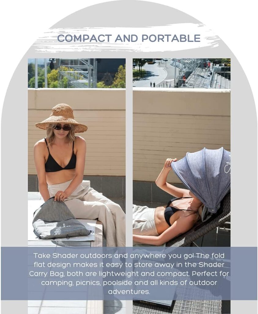 Shader Personal Beach Sun Shade Bundle - Mini Pop Up Shelter Umbrella Canopy - Portable and Adjustable - SPF 45+, UV Reflective - Includes a Carry Bag/Pillow, Sand Free Towel, and Tote Bag