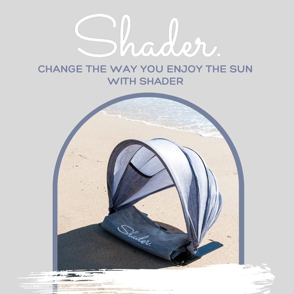 Shader Personal Beach Sun Shade Bundle - Mini Pop Up Shelter Umbrella Canopy - Portable and Adjustable - SPF 45+, UV Reflective - Includes a Carry Bag/Pillow, Sand Free Towel, and Tote Bag