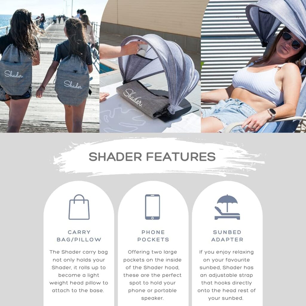 Shader Personal Beach Sun Shade Bundle - Mini Pop Up Shelter Umbrella Canopy - Portable and Adjustable - SPF 45+, UV Reflective - Includes a Carry Bag/Pillow, Sand Free Towel, and Tote Bag